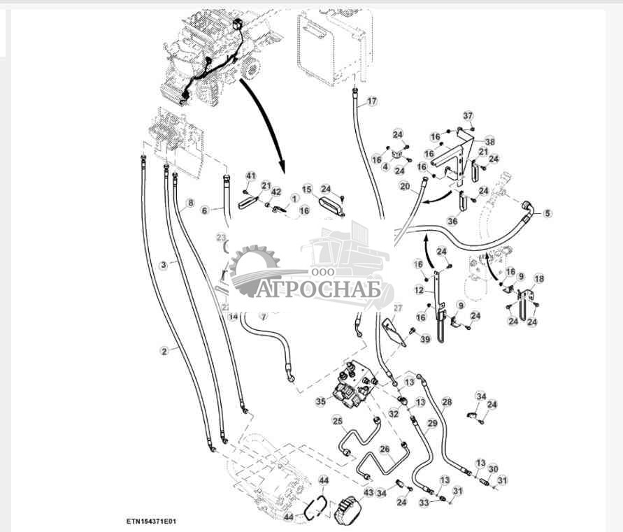 Гидравлические трубопроводы привода мотовила, трансмиссия с кнопочным переключением передач, HillMaster™ 